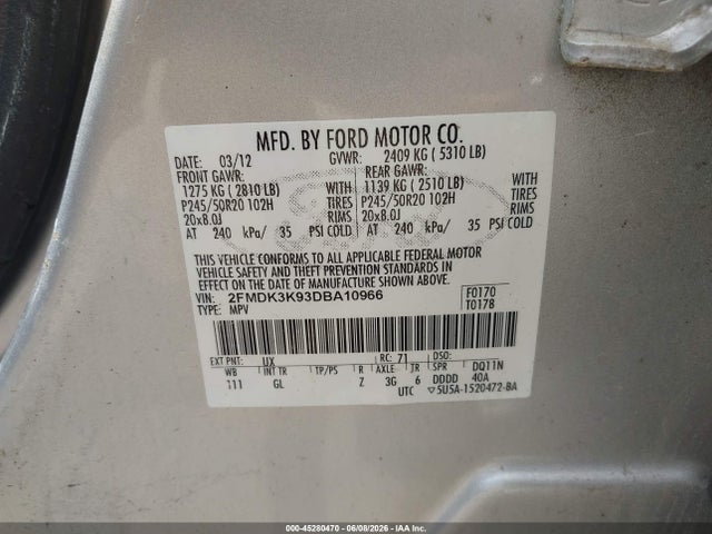 45280470 :رقم المزاد ، 2FMDK3K93DBA10966 vin ، 2013 Ford Edge Limited مزاد بيع