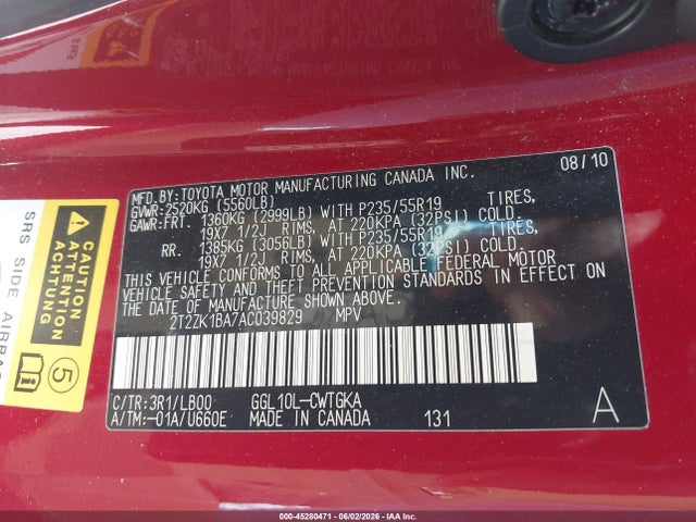 45280471 :رقم المزاد ، 2T2ZK1BA7AC039829 vin ، 2010 Lexus Rx 350 مزاد بيع