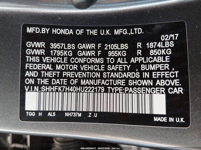 SHHFK7H40HU222179 Honda Civic Sport