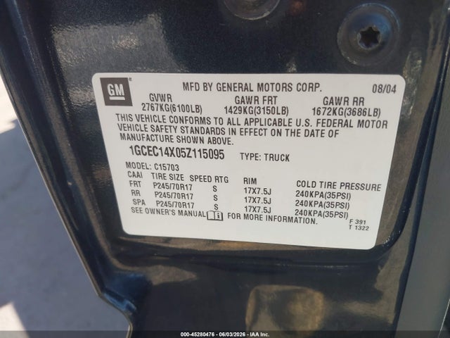 Продаж на аукціоні авто 2005 Chevrolet Silverado 1500 Work Truck, vin: 1GCEC14X05Z115095, номер лоту: 45280476