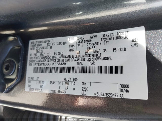 45280490 :رقم المزاد ، 1FTEW1EG0FKE88329 vin ، 2015 Ford F-150 Xlt مزاد بيع