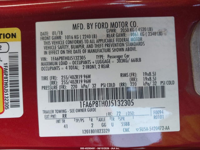 Продажа на аукционе авто 2018 Ford Mustang Ecoboost, vin: 1FA6P8TH0J5132305, номер лота: 45280491