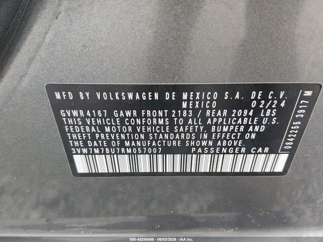 Продажа на аукционе авто 2024 Volkswagen Jetta 1.5t Se, vin: 3VW7M7BU7RM057007, номер лота: 45280495