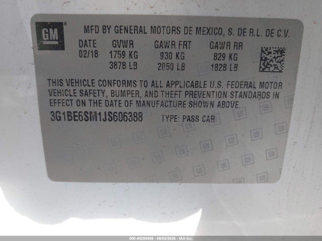 45280496 :رقم المزاد ، 3G1BE6SM1JS606388 vin ، 2018 Chevrolet Cruze Lt Auto مزاد بيع