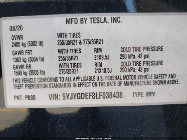 45280500 :رقم المزاد ، 5YJYGDEF8LF038438 vin ، 2020 Tesla Model Y مزاد بيع