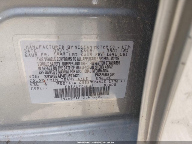 Aukcja sprzedaży 2013 Nissan Sentra Sr, vin: 3N1AB7AP4DL691421, numer aukcji: 45280532