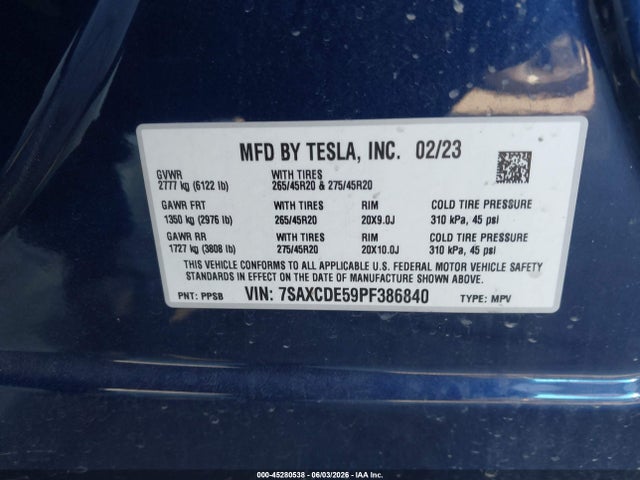 Aukcja sprzedaży 2023 Tesla Model X Dual Motor All-wheel Drive/standard Range, vin: 7SAXCDE59PF386840, numer aukcji: 45280538