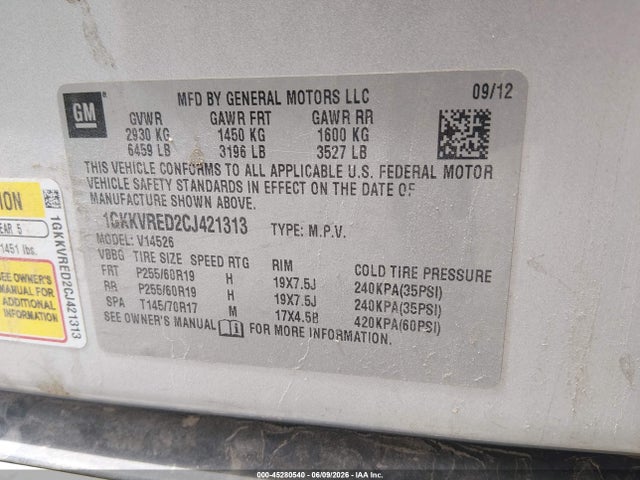 Продажа на аукционе авто 2012 Gmc Acadia Slt-1, vin: 1GKKVRED2CJ421313, номер лота: 45280540
