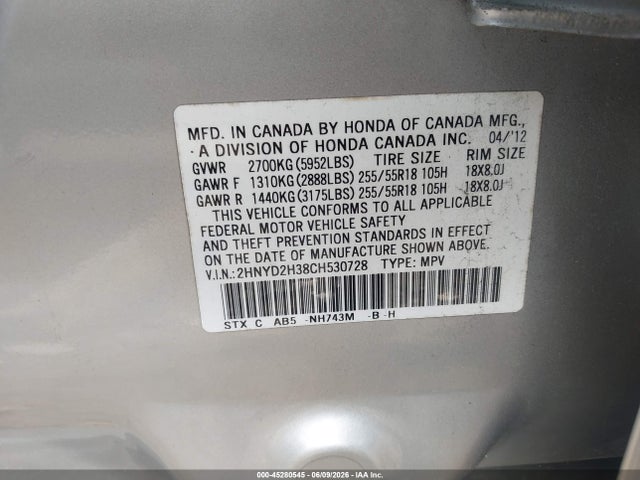 Aukcja sprzedaży 2012 Acura Mdx Technology Package, vin: 2HNYD2H38CH530728, numer aukcji: 45280545
