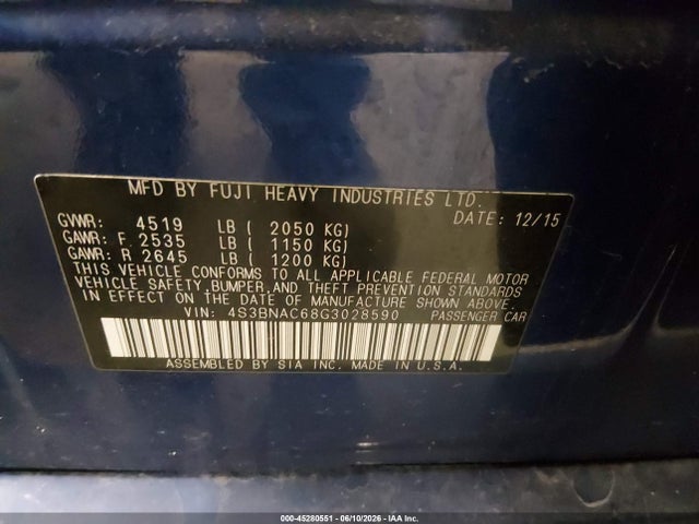 45280551 :رقم المزاد ، 4S3BNAC68G3028590 vin ، 2016 Subaru Legacy 2.5i Premium مزاد بيع