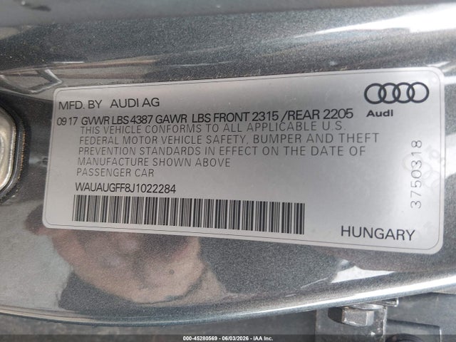 2018 Audi A3 2.0t Premium/2.0t Tech Premium მანქანა იყიდება აუქციონზე, vin: WAUAUGFF8J1022284, აუქციონის ნომერი: 45280569
