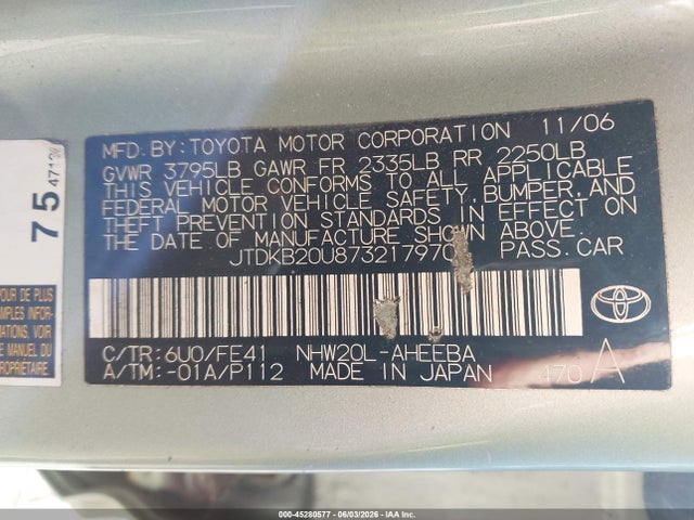 45280577 :رقم المزاد ، JTDKB20U873217970 vin ، 2007 Toyota Prius مزاد بيع