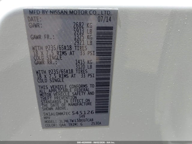 Продажа на аукционе авто 2014 Infiniti Qx60, vin: 5N1AL0MM2EC545126, номер лота: 45280589
