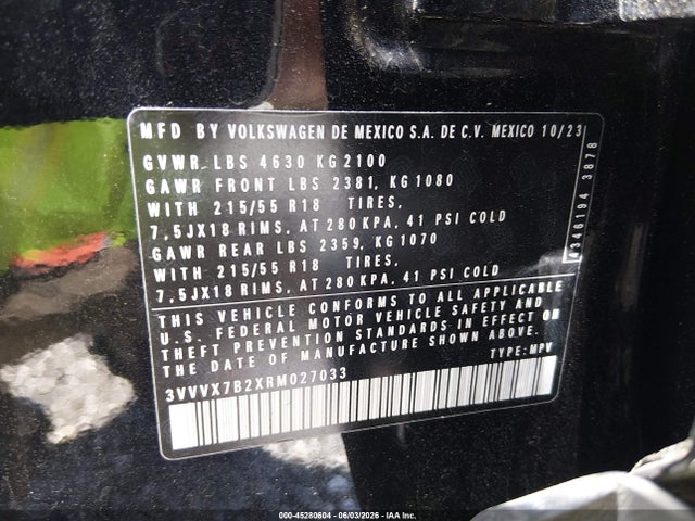Aukcja sprzedaży 2024 Volkswagen Taos 1.5t Se, vin: 3VVVX7B2XRM027033, numer aukcji: 45280604