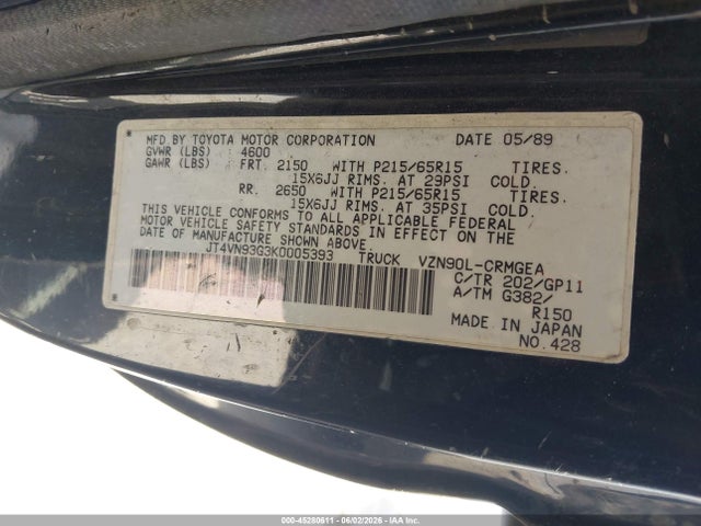 Aukcja sprzedaży 1989 Toyota Pickup 1/2 Ton Ex Long Whlbs Sr5, vin: JT4VN93G3K0005393, numer aukcji: 45280611