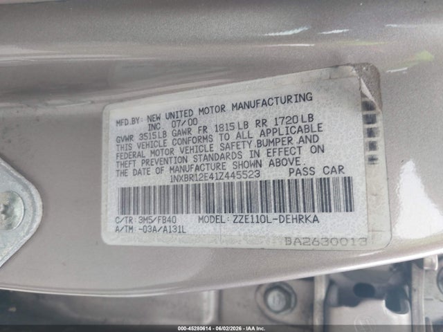 Aukcja sprzedaży 2001 Toyota Corolla Ce, vin: 1NXBR12E41Z445523, numer aukcji: 45280614
