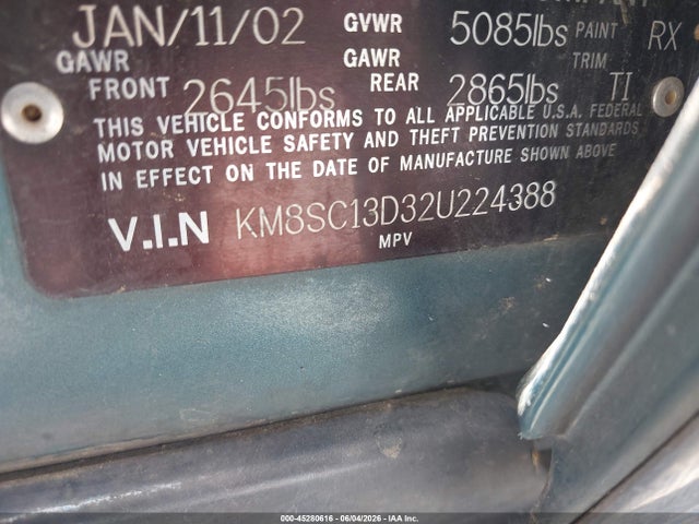 Aukcja sprzedaży 2002 Hyundai Santa Fe Gls/lx, vin: KM8SC13D32U224388, numer aukcji: 45280616
