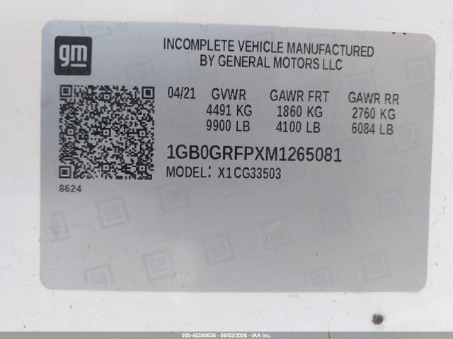 45280636 :رقم المزاد ، 1GB0GRFPXM1265081 vin ، 2021 Chevrolet Express Cutaway Work Van مزاد بيع