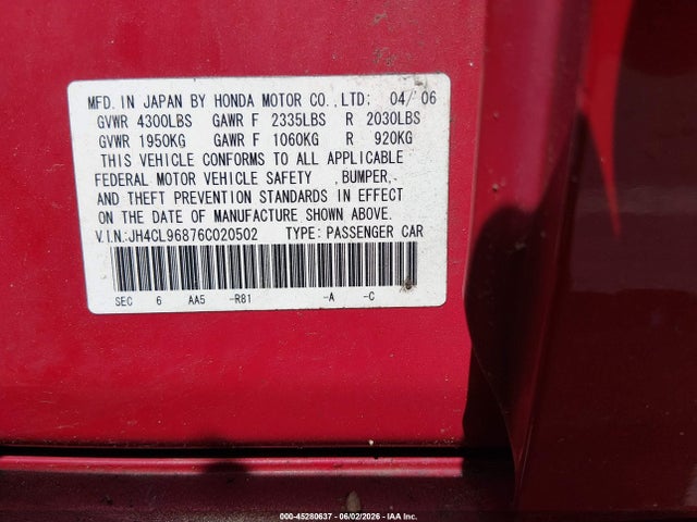 Продажа на аукционе авто 2006 Acura Tsx, vin: JH4CL96876C020502, номер лота: 45280637