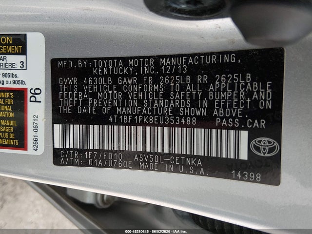 2014 Toyota Camry Le მანქანა იყიდება აუქციონზე, vin: 4T1BF1FK8EU353488, აუქციონის ნომერი: 45280645