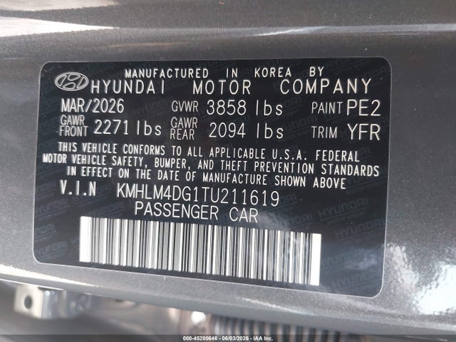 Продаж на аукціоні авто 2026 Hyundai Elantra Sel Sport, vin: KMHLM4DG1TU211619, номер лоту: 45280646