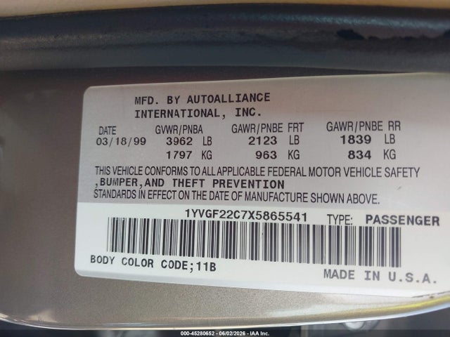 Aukcja sprzedaży 1999 Mazda 626 Es/lx, vin: 1YVGF22C7X5865541, numer aukcji: 45280652