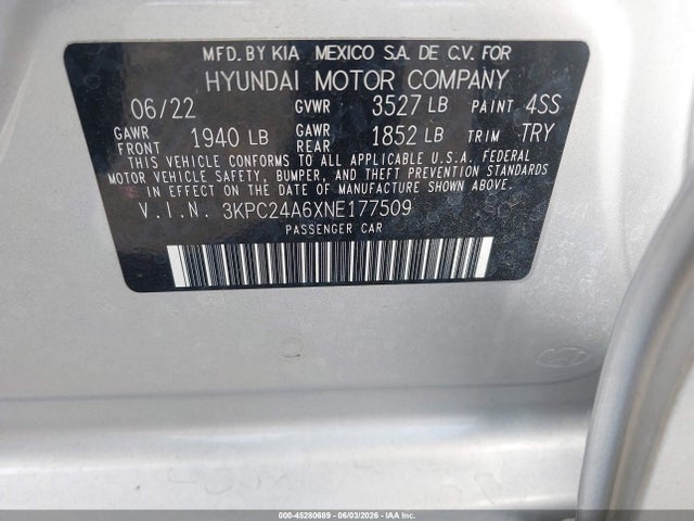 2022 Hyundai Accent Se მანქანა იყიდება აუქციონზე, vin: 3KPC24A6XNE177509, აუქციონის ნომერი: 45280689