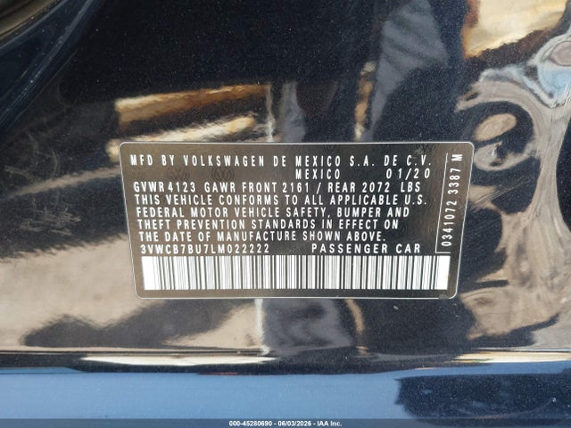 Aukcja sprzedaży 2020 Volkswagen Jetta 1.4t R-line/1.4t S/1.4t Se, vin: 3VWCB7BU7LM022222, numer aukcji: 45280690