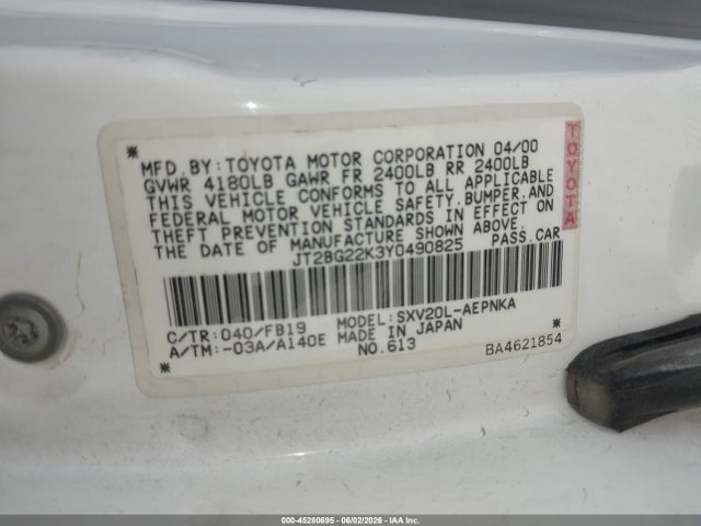 Продажа на аукционе авто 2000 Toyota Camry Le, vin: JT2BG22K3Y0490825, номер лота: 45280695