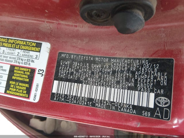 Продаж на аукціоні авто 2012 Toyota Corolla Le, vin: 2T1BU4EE5CC898615, номер лоту: 45280712