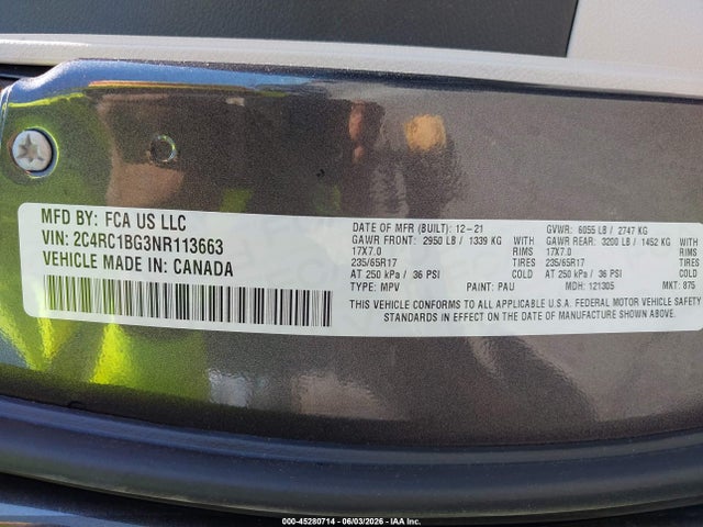 Продаж на аукціоні авто 2022 Chrysler Pacifica Touring L, vin: 2C4RC1BG3NR113663, номер лоту: 45280714