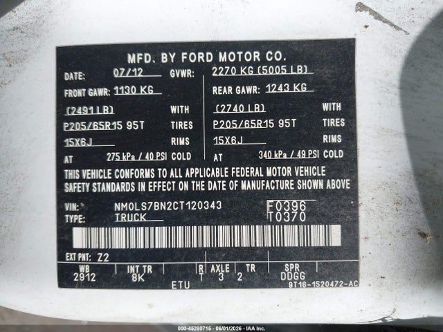 2012 Ford Transit Connect Xlt მანქანა იყიდება აუქციონზე, vin: NM0LS7BN2CT120343, აუქციონის ნომერი: 45280715