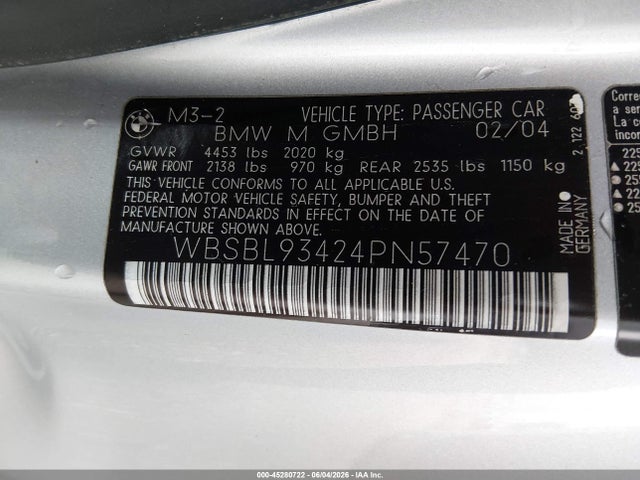 2004 Bmw M3 მანქანა იყიდება აუქციონზე, vin: WBSBL93424PN57470, აუქციონის ნომერი: 45280722
