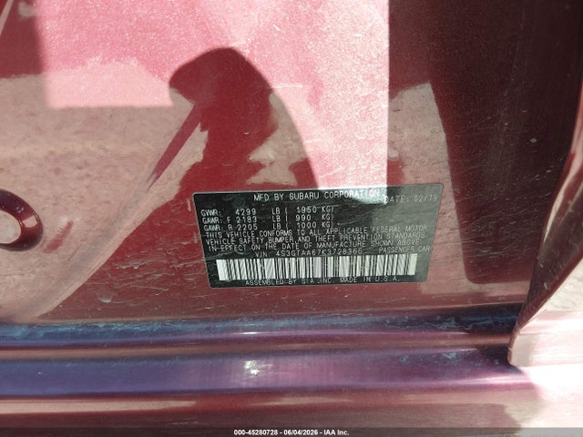 45280728 :رقم المزاد ، 4S3GTAA67K3728365 vin ، 2019 Subaru Impreza 2.0i مزاد بيع
