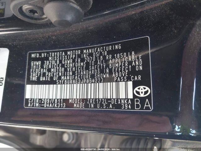 5YFBURHE2JP854223 Toyota COROLLA LE