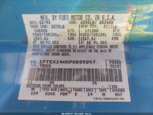 Auction sale of the 1993 Ford F150, vin: 1FTEX14HXPKB09247, lot number: 45280737