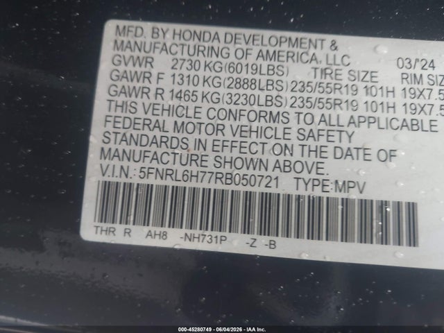 Продажа на аукционе авто 2024 Honda Odyssey Sport, vin: 5FNRL6H77RB050721, номер лота: 45280749