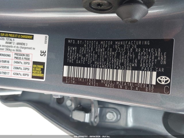 45280751 :رقم المزاد ، 5YFB4MDE5TP430286 vin ، 2026 Toyota Corolla Le مزاد بيع
