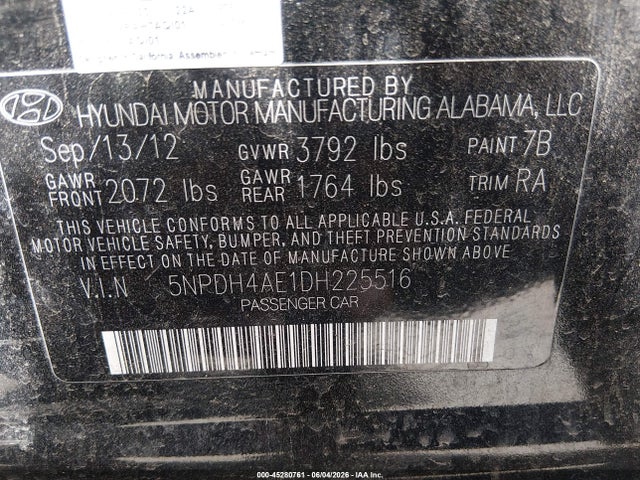 Aukcja sprzedaży 2013 Hyundai Elantra Gls, vin: 5NPDH4AE1DH225516, numer aukcji: 45280761