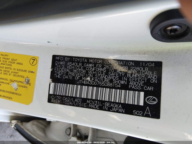 Продаж на аукціоні авто 2005 Lexus Es 330, vin: JTHBA30G755088154, номер лоту: 45280788