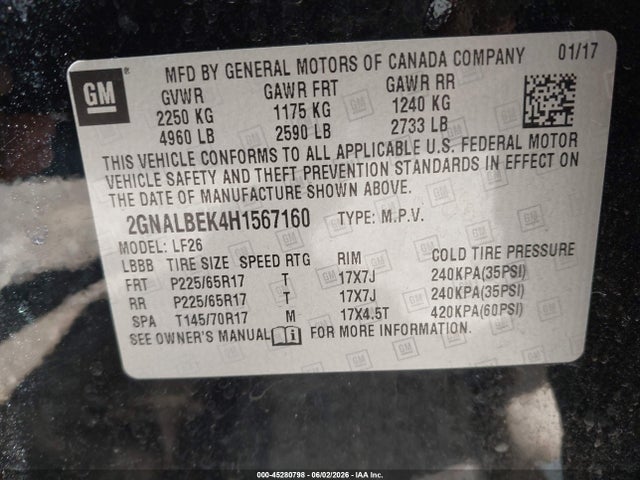 2017 Chevrolet Equinox Ls მანქანა იყიდება აუქციონზე, vin: 2GNALBEK4H1567160, აუქციონის ნომერი: 45280798