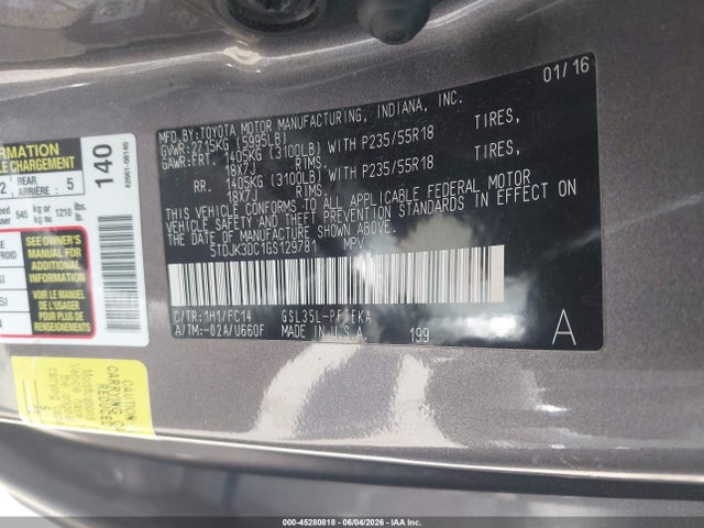 2016 Toyota Sienna Le 7 Passenger მანქანა იყიდება აუქციონზე, vin: 5TDJK3DC1GS129781, აუქციონის ნომერი: 45280818