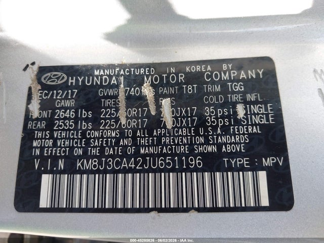 2018 Hyundai Tucson Sel მანქანა იყიდება აუქციონზე, vin: KM8J3CA42JU651196, აუქციონის ნომერი: 45280826