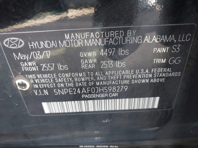 2018 Hyundai Sonata Se მანქანა იყიდება აუქციონზე, vin: 5NPE24AF0JH598279, აუქციონის ნომერი: 45280830