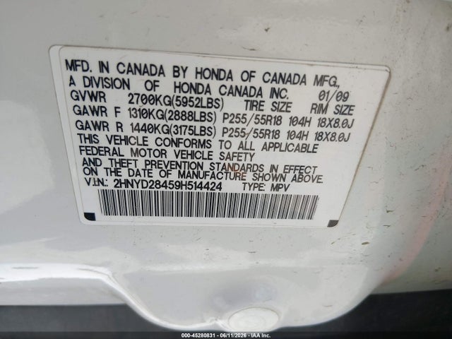 Продаж на аукціоні авто 2009 Acura Mdx Technology Package, vin: 2HNYD28459H514424, номер лоту: 45280831