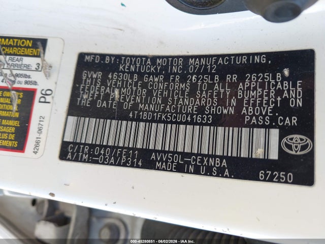 Aukcja sprzedaży 2012 Toyota Camry Hybrid Le, vin: 4T1BD1FK5CU041633, numer aukcji: 45280851