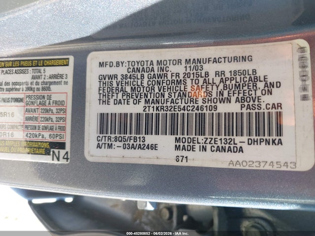 Продаж на аукціоні авто 2004 Toyota Matrix Xr, vin: 2T1KR32E54C246109, номер лоту: 45280852