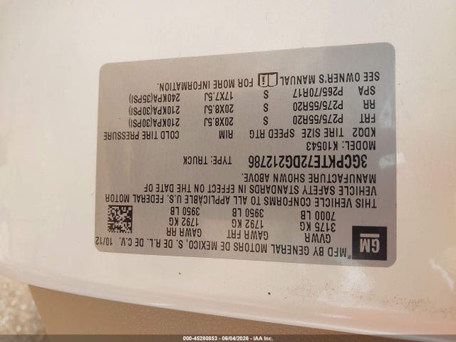 45280853 :رقم المزاد ، 3GCPKTE72DG212786 vin ، 2013 Chevrolet Silverado 1500 Ltz مزاد بيع