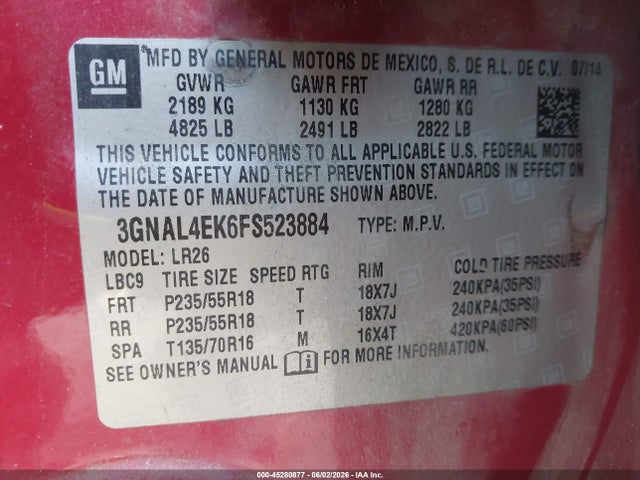 45280877 :رقم المزاد ، 3GNAL4EK6FS523884 vin ، 2015 Chevrolet Captiva Sport Ltz مزاد بيع