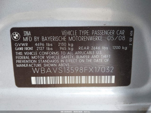 45280883 :رقم المزاد ، WBAVS13598FX17032 vin ، 2008 Bmw 328i مزاد بيع